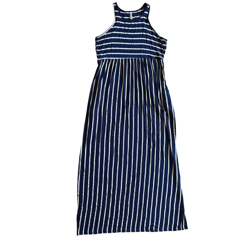 Coastal Sailor Striped Racerback Maxi Dress Blue White Pockets 2XL Casual Beach